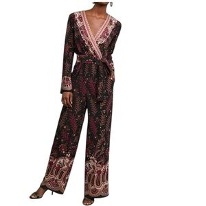 NWT Anthropologie one September Black, burnt Red leaf embroidery Jumpsuit medium